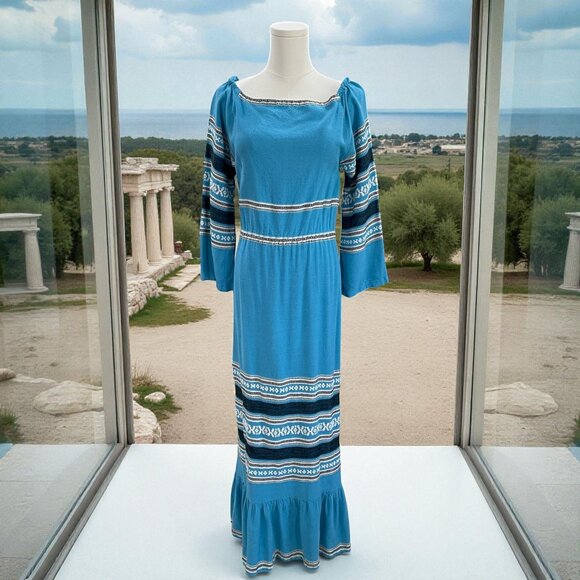 Greek Bohemian Cottagecore Blue Maxi Dress Ethnic Embroidered Prairie Festival - Picture 1 of 14